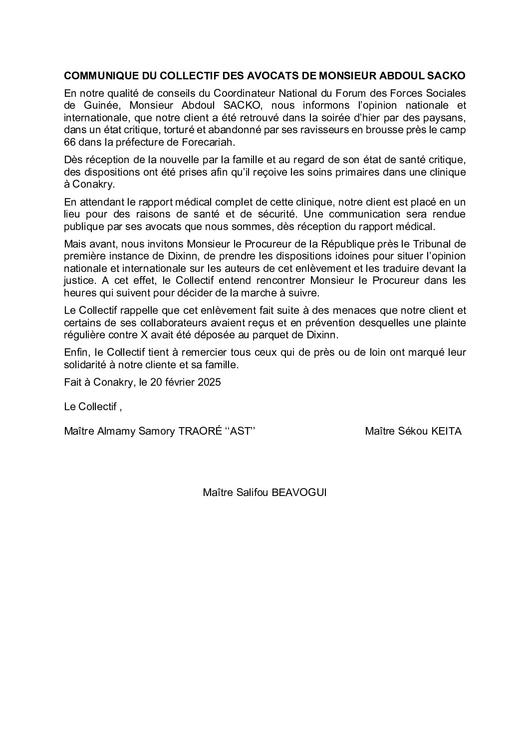 Urgent : Abdoul Sacko retrouvé après son enlèvement