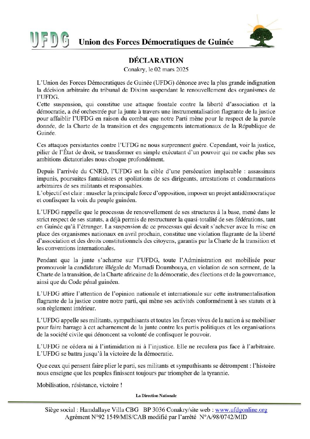 Des cadre de L'UFDG reçu à la Présidence : a direction nationale du parti réagit