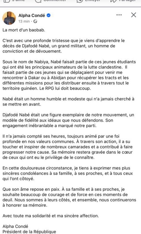 Décès de Djafodé Nabé : Alpha Condé parle d'un militant  de l’ombre qui s'est éteint 
