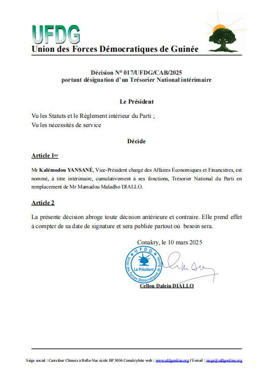 Maladho Diallo évincé de l’UFDG, Kalémodou Yansané désigné Trésorier National intérimaire 